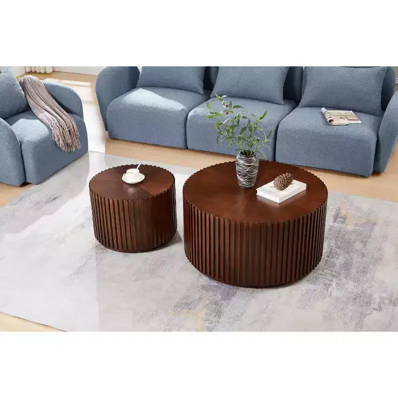 EHMKNP Nesting Coffee Table Set of 2  Handcrafted Round Drum Coffee Table & Matching Small End Table