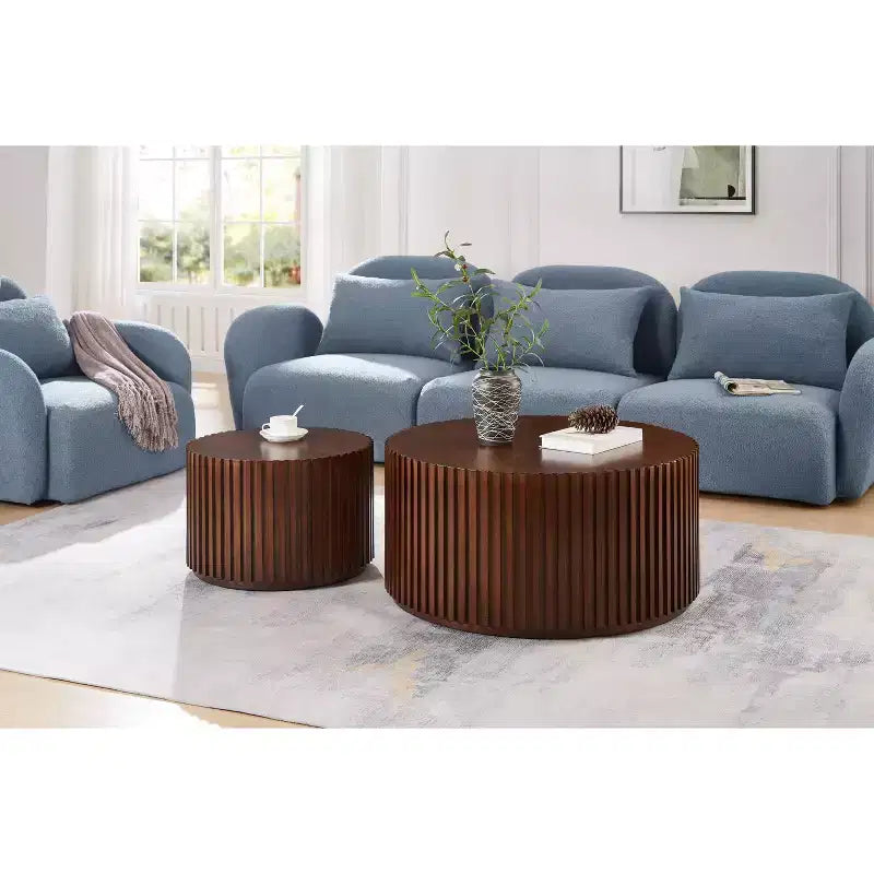 EHMKNP Nesting Coffee Table Set of 2  Handcrafted Round Drum Coffee Table & Matching Small End Table