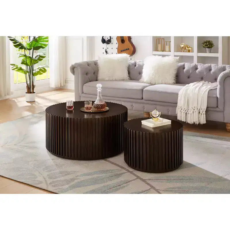 EHMKNP Nesting Coffee Table Set of 2  Handcrafted Round Drum Coffee Table & Matching Small End Table