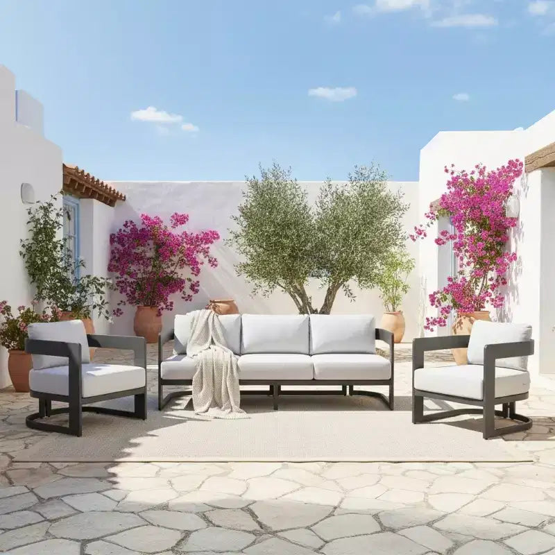 Christopher Knight Home Qiros Modern 3 Piece Patio Aluminum Seating Set with 3-Seater Sofa and 2 Club Chairs