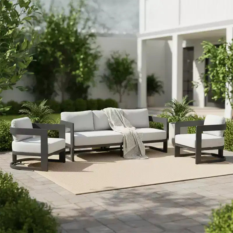 Christopher Knight Home Qiros modern, 3 részes alumínium teraszülőgarnitúra 3 személyes kanapéval és 2 klubf fotellel