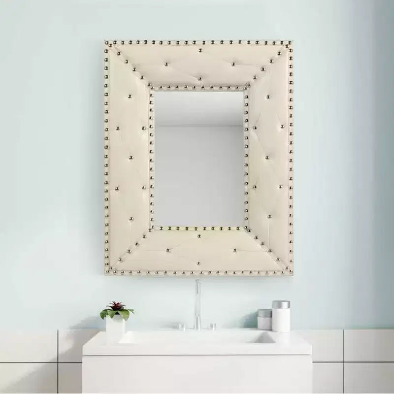 Rectangular Rivet Decor Wall Mirror, PU-Wrapped MDF Frame