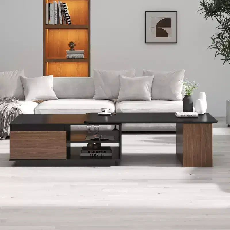 TUYOHW Extandable Coffee Table with 2 Drawers & Shelves,Luxurious Walnut Brown/Black Finish Accent Table for Living Room,Home Decor