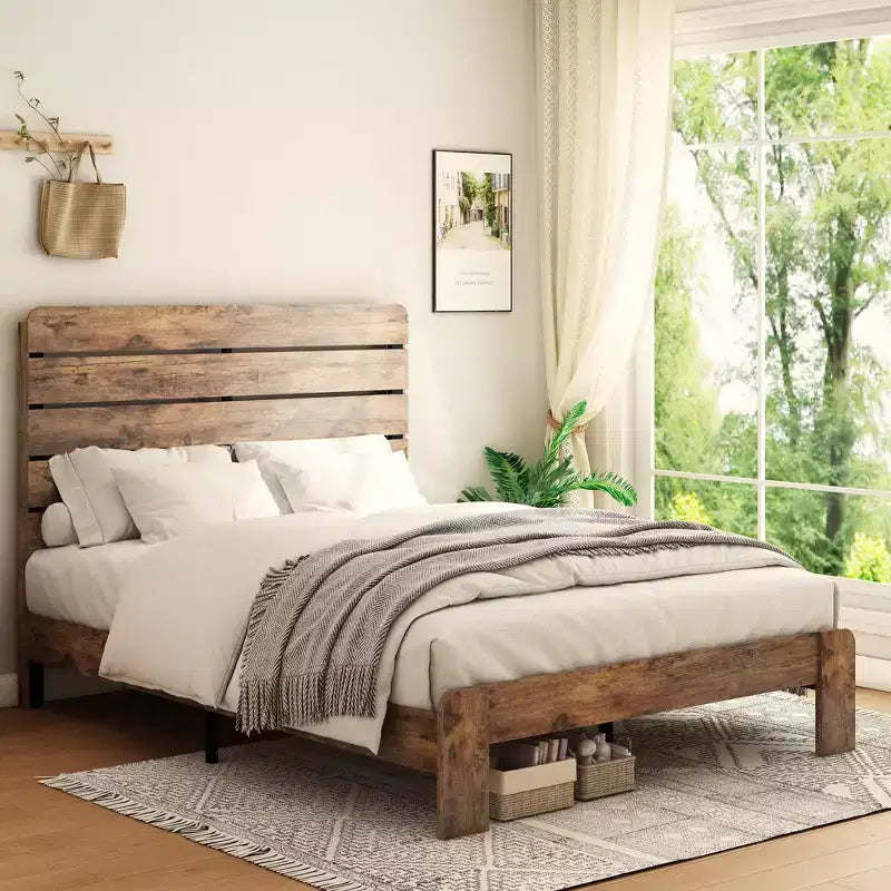 Queen Size Bed Frame, Wood Platform Bed Frame, Noise Free, Large Under Bed Storage, Dark Brown