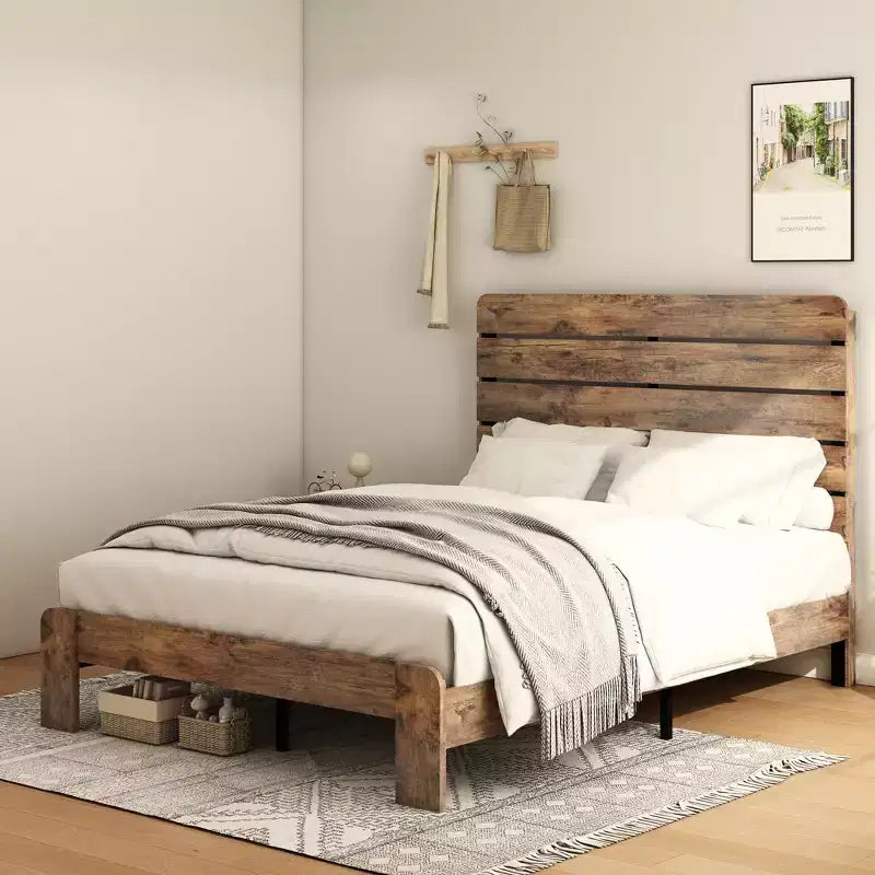 Queen Size Bed Frame, Wood Platform Bed Frame, Noise Free, Large Under Bed Storage, Dark Brown