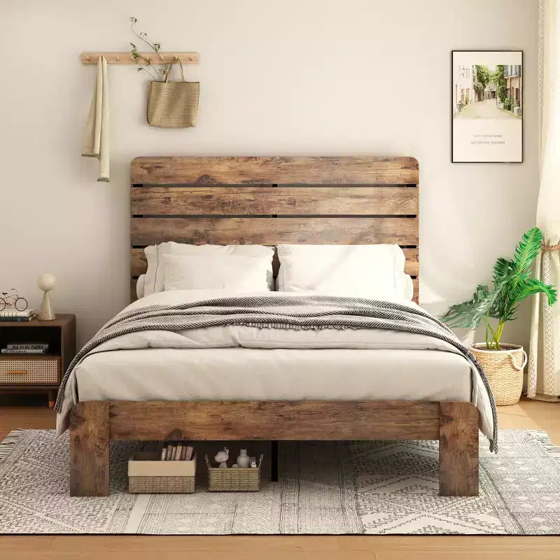 Queen Size Bed Frame, Wood Platform Bed Frame, Noise Free, Large Under Bed Storage, Dark Brown