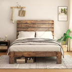 Queen Size Bed Frame, Wood Platform Bed Frame, Noise Free, Large Under Bed Storage, Dark Brown