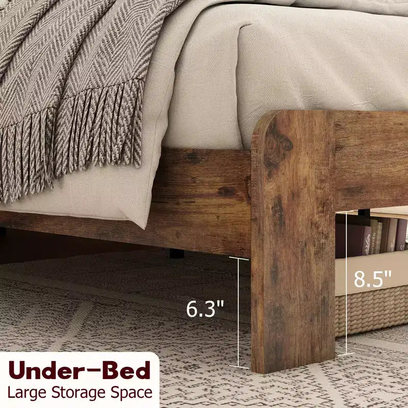Queen Size Bed Frame, Wood Platform Bed Frame, Noise Free, Large Under Bed Storage, Dark Brown
