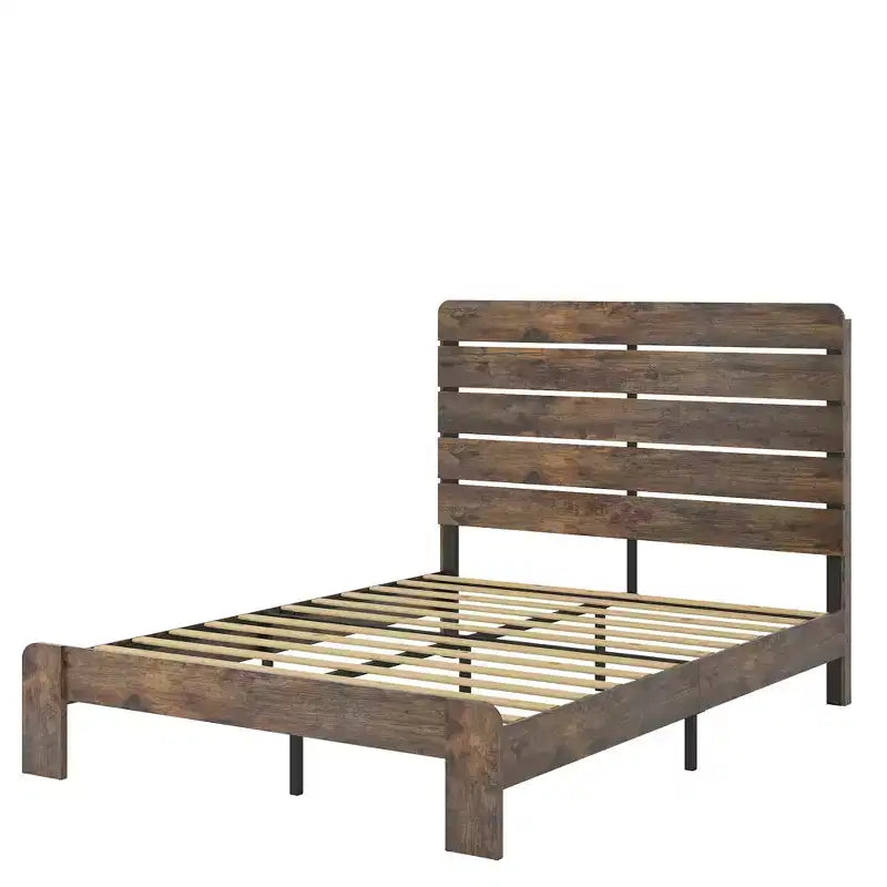Queen Size Bed Frame, Wood Platform Bed Frame, Noise Free, Large Under Bed Storage, Dark Brown