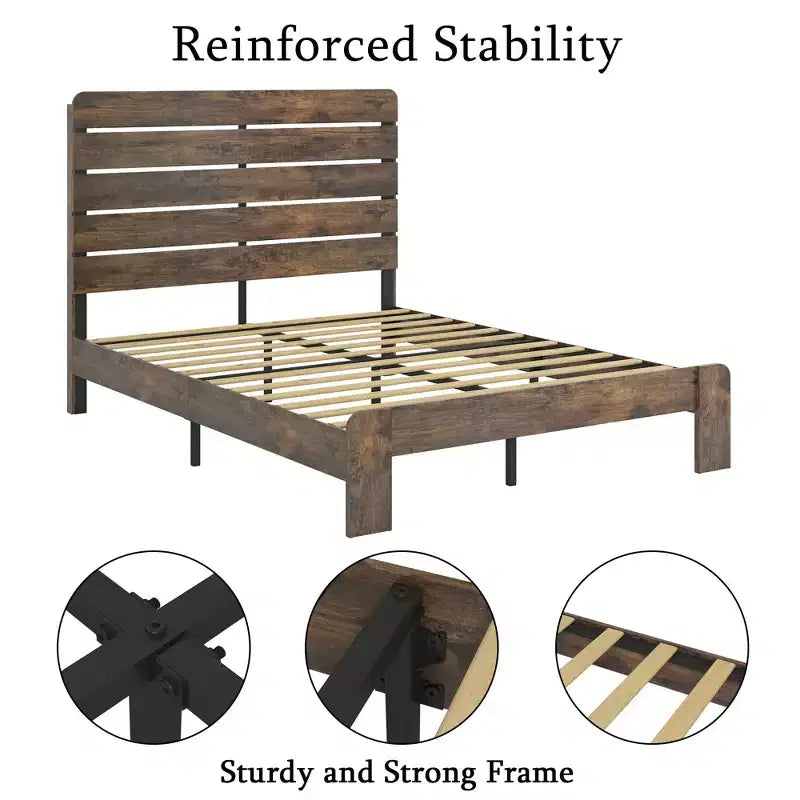 Queen Size Bed Frame, Wood Platform Bed Frame, Noise Free, Large Under Bed Storage, Dark Brown