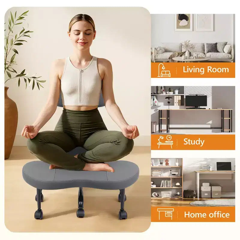 KERDOM keresztlábú irodai szék, ADHD-meditációhoz, térdelő jógaszék, magasságállítható, deréktámasszal, szélesített lábtartóval és kerekekkel, fekete