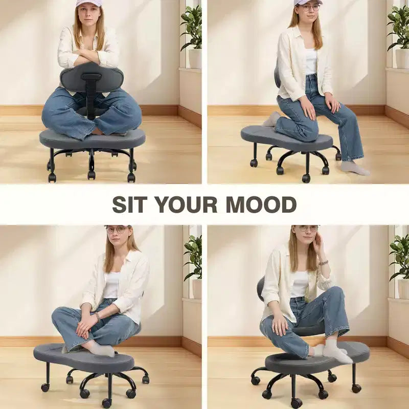 KERDOM keresztlábú irodai szék, ADHD-meditációhoz, térdelő jógaszék, magasságállítható, deréktámasszal, szélesített lábtartóval és kerekekkel, fekete