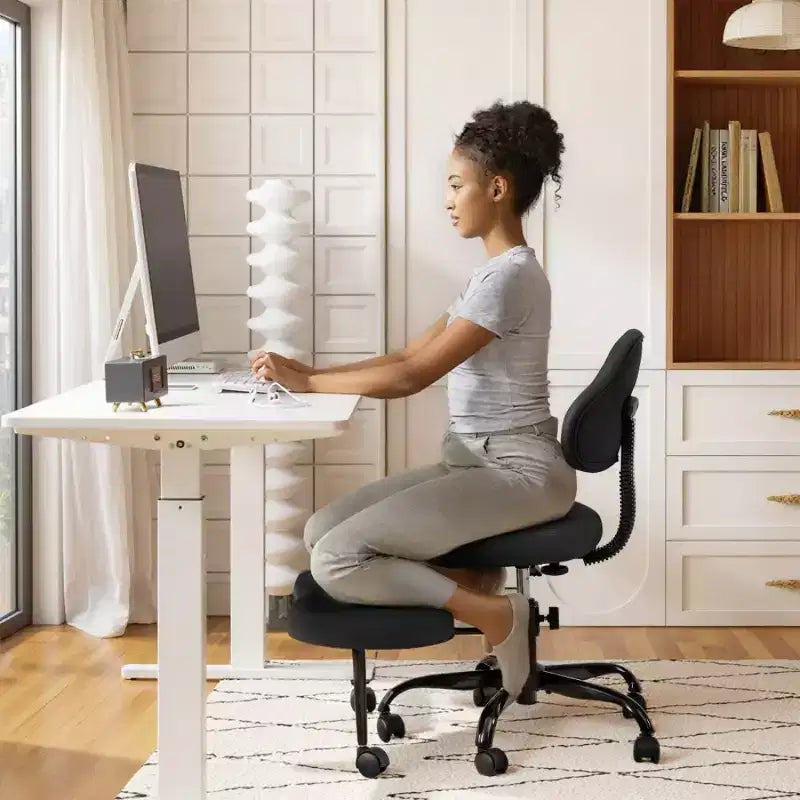 KERDOM keresztlábú irodai szék, ADHD-meditációhoz, térdelő jógaszék, magasságállítható, deréktámasszal, szélesített lábtartóval és kerekekkel, fekete