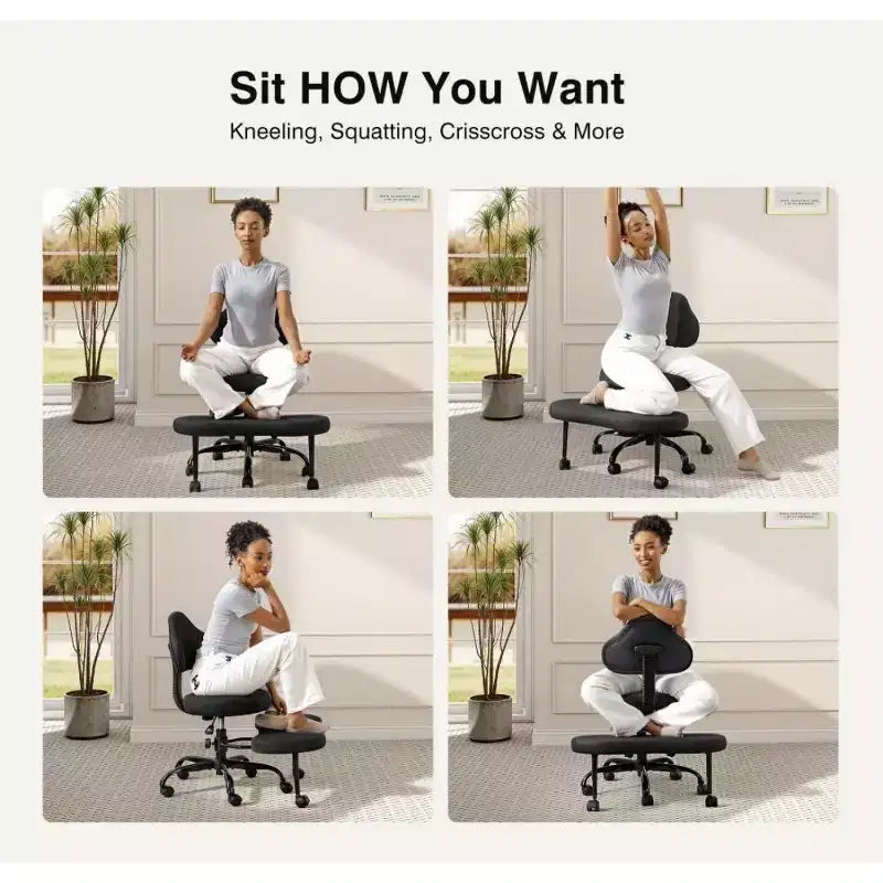 KERDOM keresztlábú irodai szék, ADHD-meditációhoz, térdelő jógaszék, magasságállítható, deréktámasszal, szélesített lábtartóval és kerekekkel, fekete