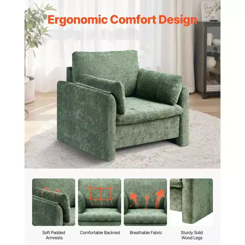 Modern Upholstered Accent Chair with Armrests Thick Cushion for Living Room Bedroom - Green