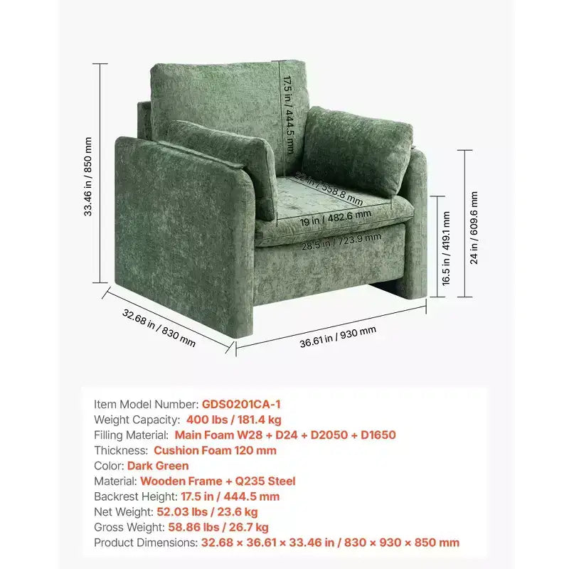 Modern Upholstered Accent Chair with Armrests Thick Cushion for Living Room Bedroom - Green