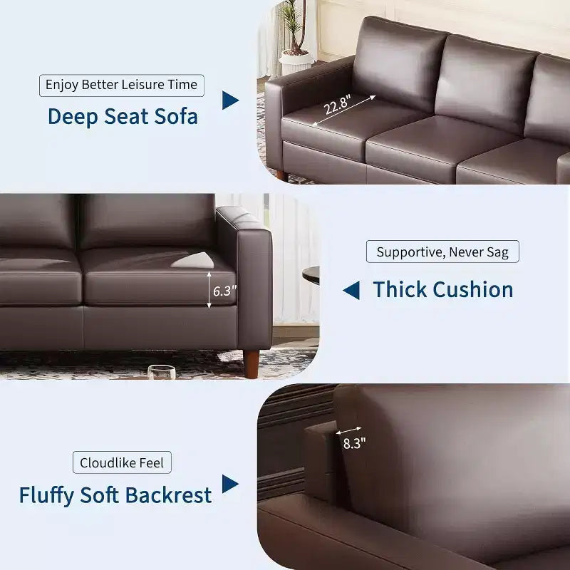 Acekool 85 Inch Modern Leather Sofa 3 Seater Couch with Deep Seat for Living Room