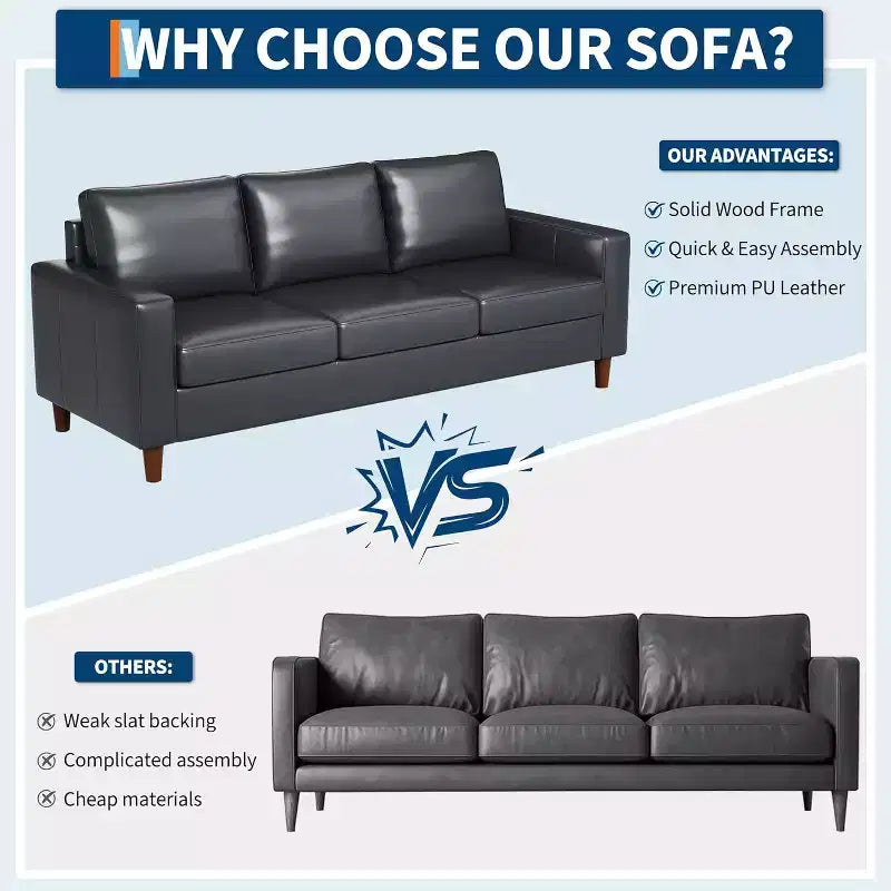 Acekool 85 Inch Modern Leather Sofa 3 Seater Couch with Deep Seat for Living Room