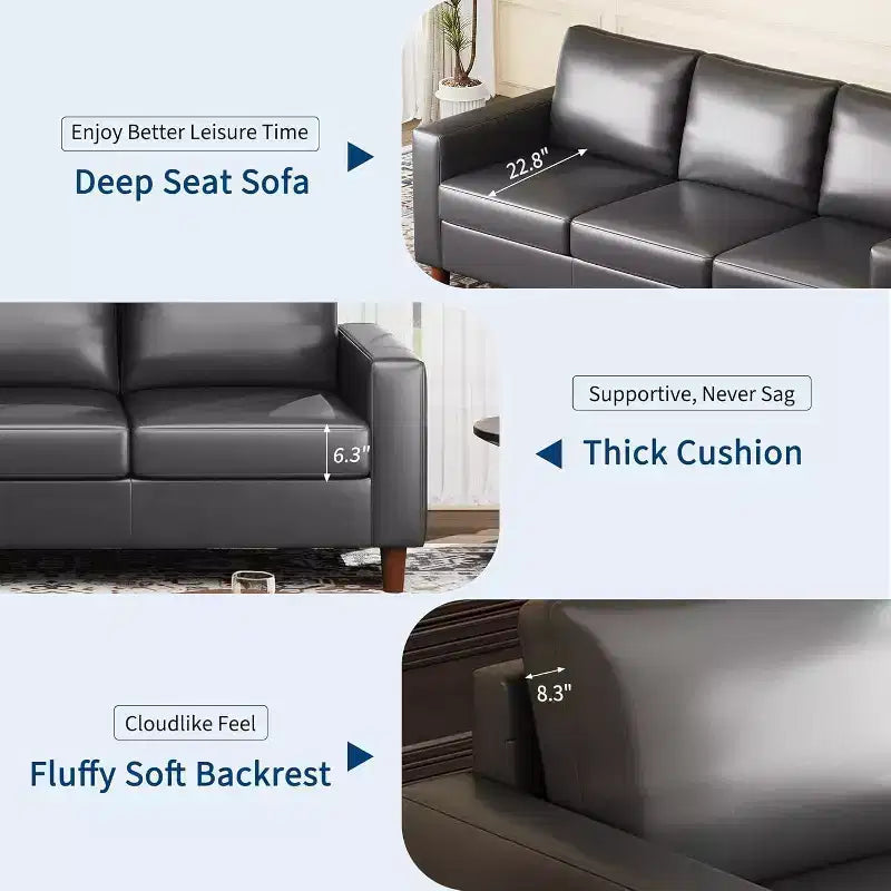 Acekool 85 Inch Modern Leather Sofa 3 Seater Couch with Deep Seat for Living Room