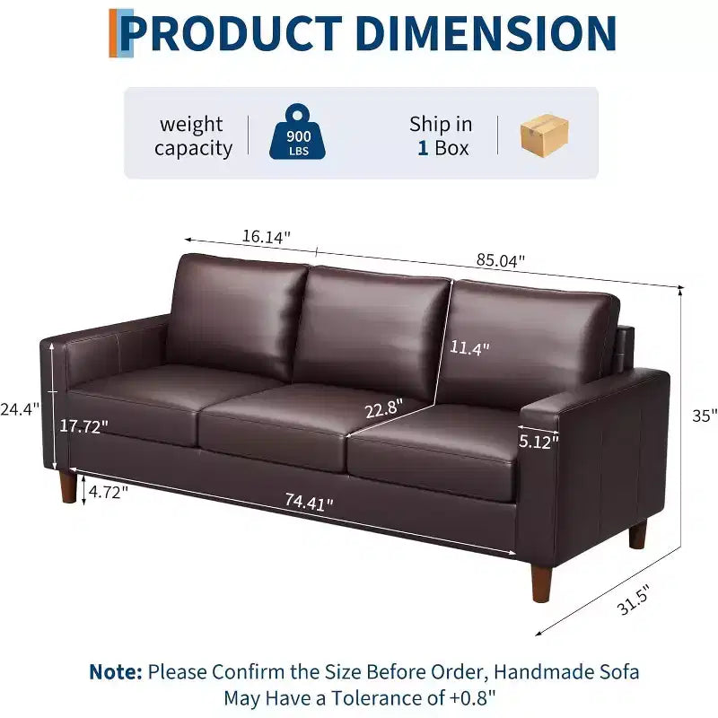 Acekool 85 Inch Modern Leather Sofa 3 Seater Couch with Deep Seat for Living Room