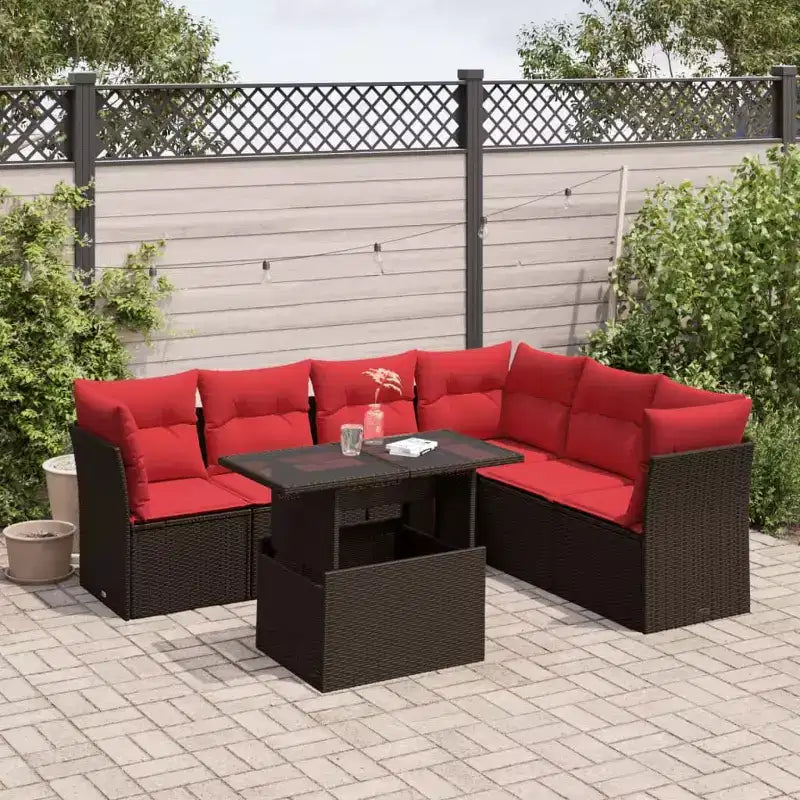 vidaXL 7-teiliges Gartensofa-Set mit Polstern, brauner Poly-Rattan – braun ohne Stauraum