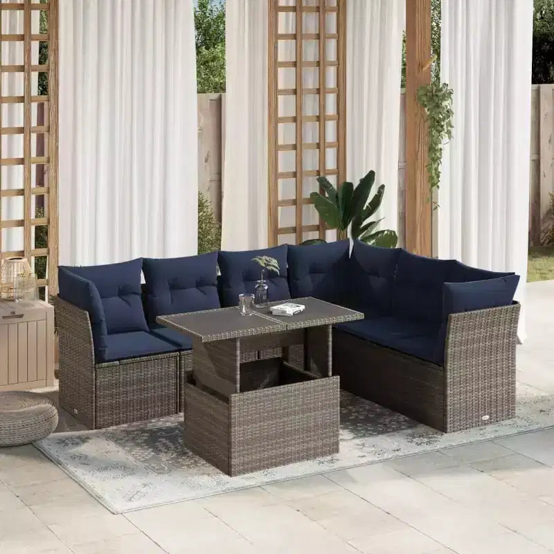 vidaXL 7-teiliges Gartensofa-Set mit Polstern, brauner Poly-Rattan – braun ohne Stauraum