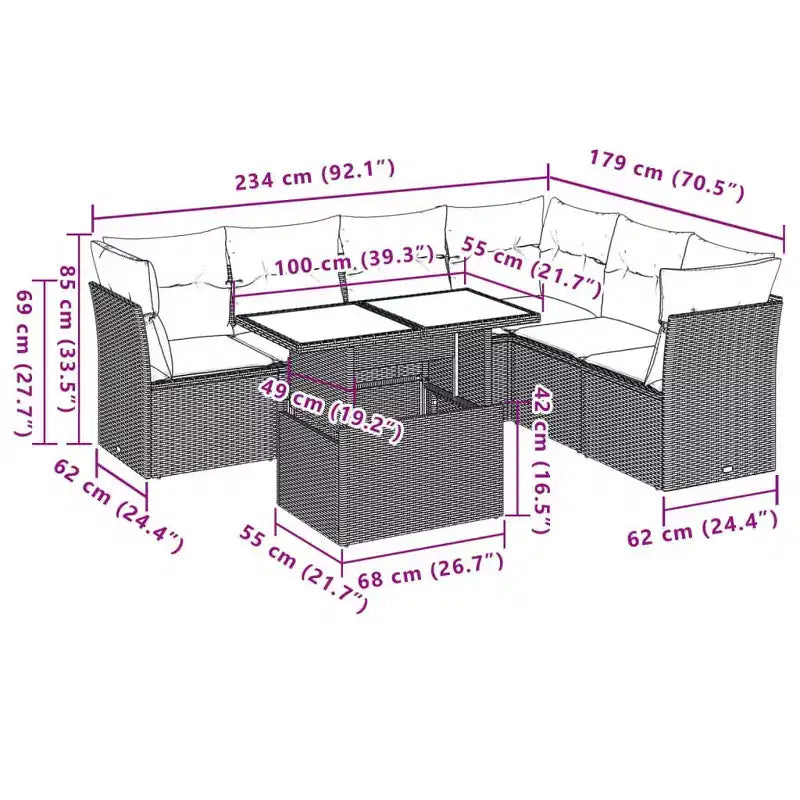 vidaXL 7-teiliges Gartensofa-Set mit Polstern, brauner Poly-Rattan – braun ohne Stauraum