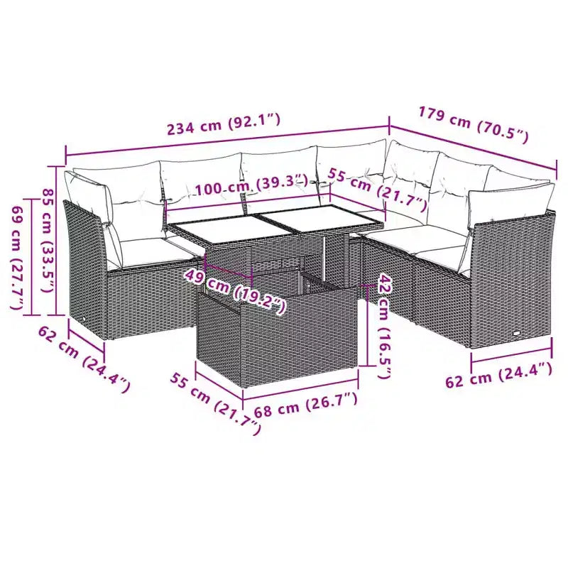 vidaXL 7-teiliges Gartensofa-Set mit Polstern, brauner Poly-Rattan – braun ohne Stauraum