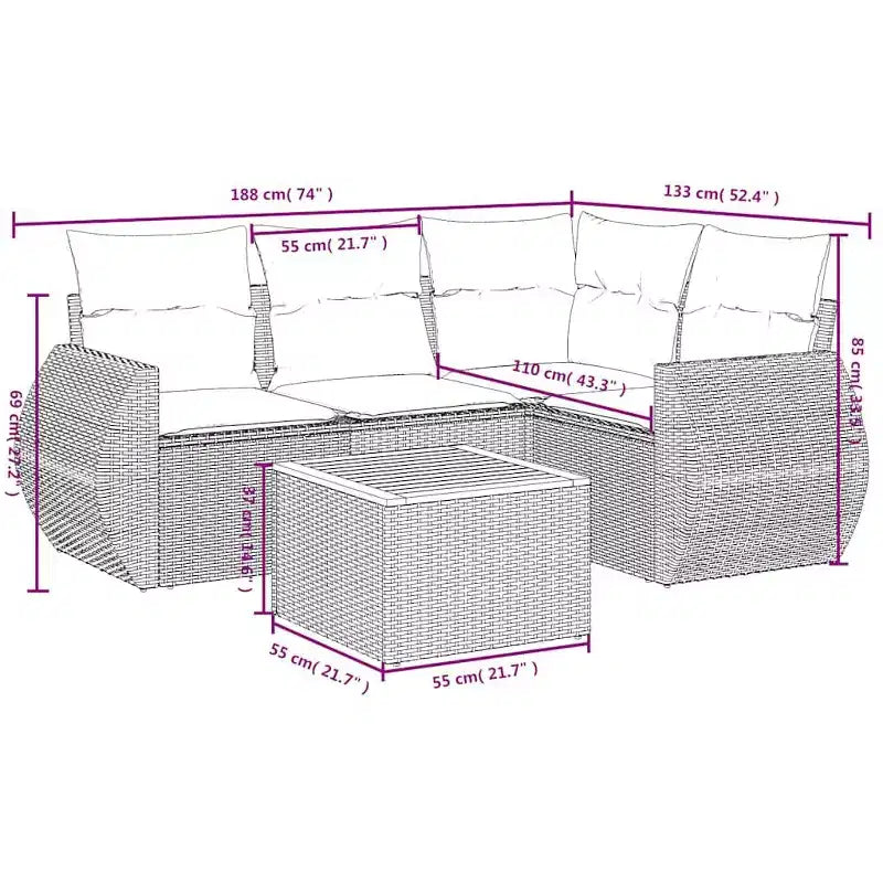 vidaXL Set di divani da giardino con cuscini, 5 pezzi, polyrattan grigio