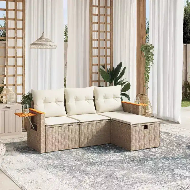 vidaXL 4-teiliges Terrassensofagarnitur mit Kissen, beige, aus Poly-Rattan