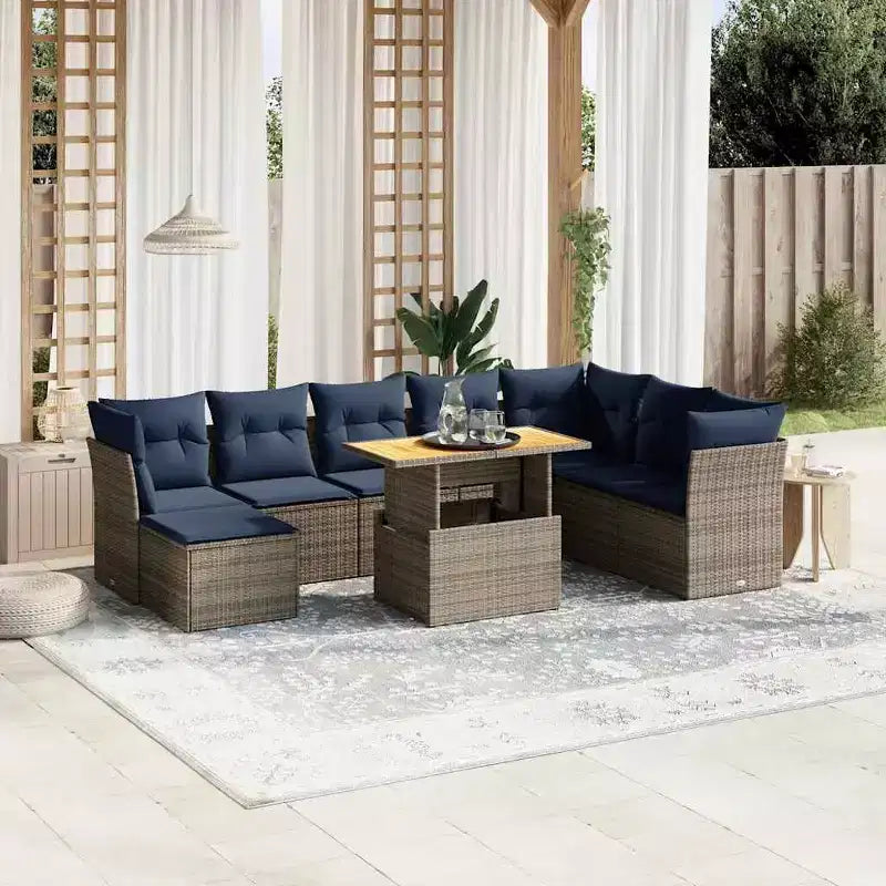 vidaXL 9-teilige Gartensofagarnitur mit Polstern aus grauem Polyrattan