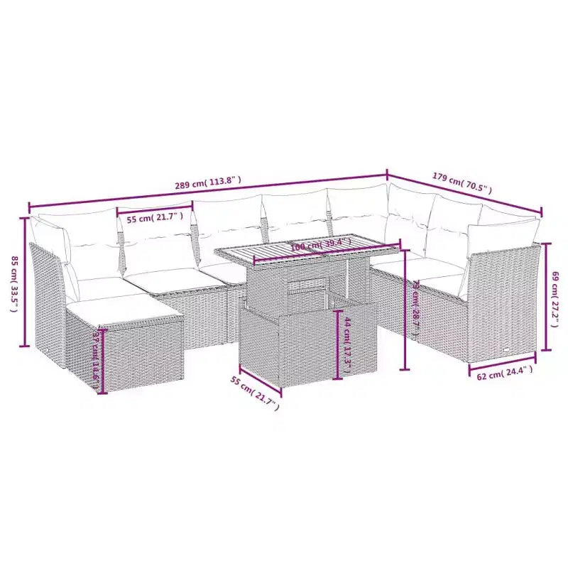 vidaXL 9-teilige Gartensofagarnitur mit Polstern aus grauem Polyrattan