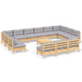 vidaXL Solid Pinewood Patio Lounge Set 14 Piece with Cushions Multi Colors - Brown and Gray