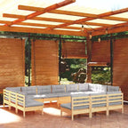 Set da patio vidaXL in legno massello di pino, 14 pezzi, con cuscini, multicolore - Marrone e grigio