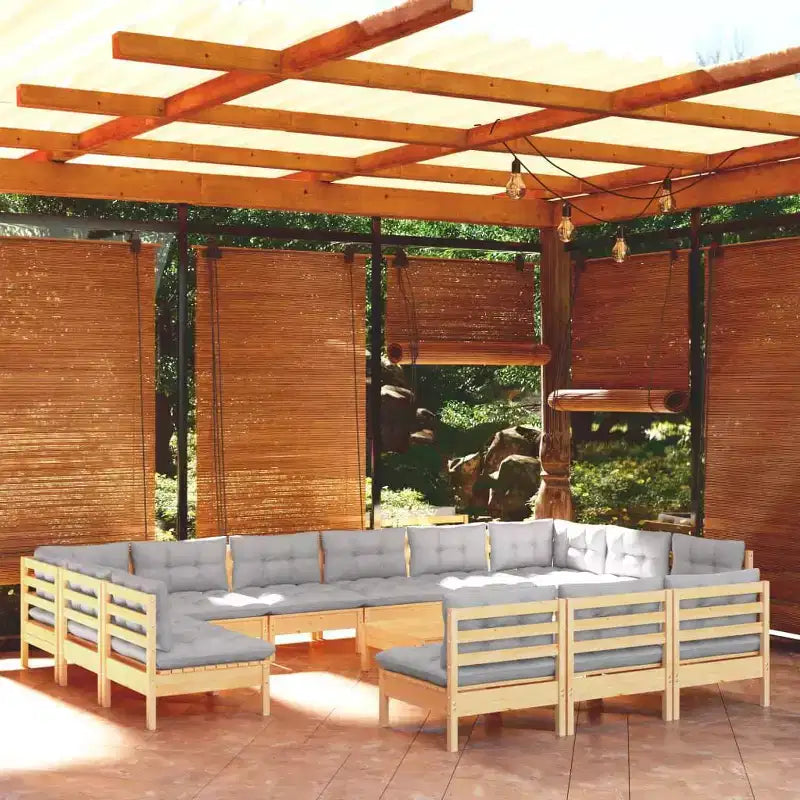 Set da patio vidaXL in legno massello di pino, 14 pezzi, con cuscini, multicolore - Marrone e grigio