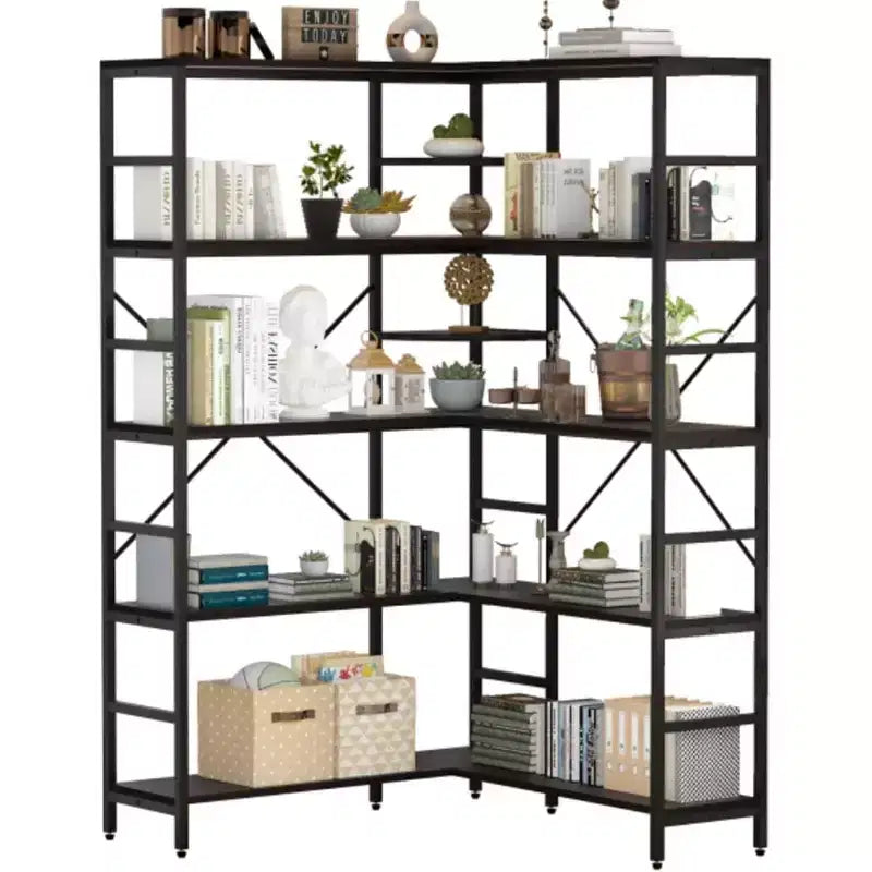 5 Tier Corner Bookcase, Industrial L-Shaped Wooden Bookcase, Large Storage Display Shelf with Metal Frame, Home Office, Living Room, Kitchen