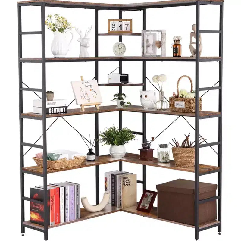 Librería esquinera de 5 niveles, librería industrial de madera en forma de L, estante grande de almacenamiento y exhibición con estructura metálica, para oficina en casa, sala de estar y cocina
