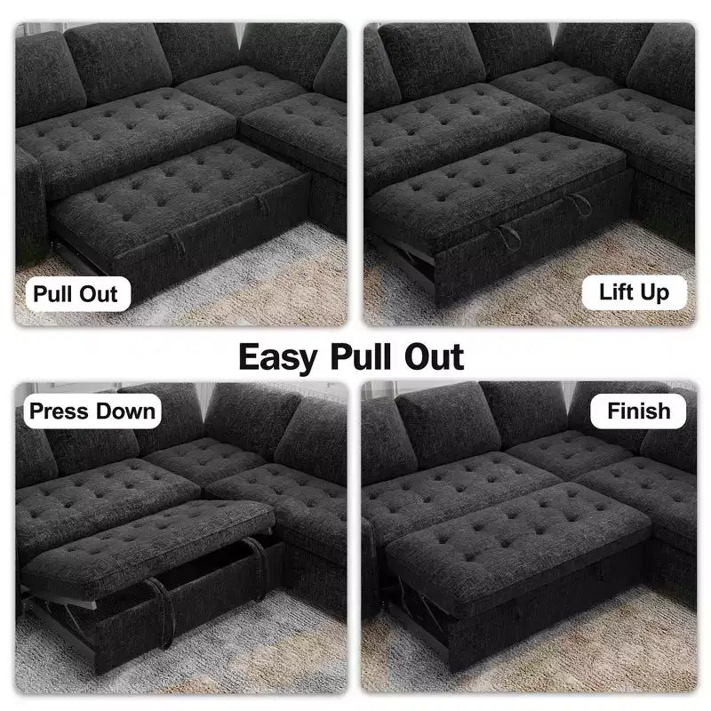 Dyonery Comfy 78'' Sofa Bed,L-Shaped Chenille Sleeper Sofa Couch with Pull Out Bed and Chaise Storage for Living Room,Apartment and Office,Black