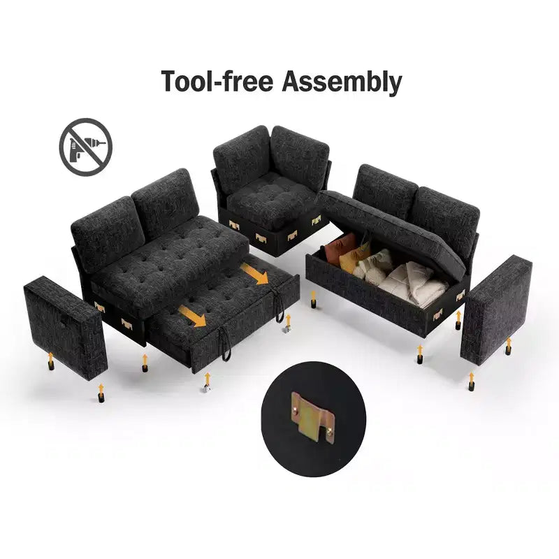 Dyonery Comfy 78'' Sofa Bed,L-Shaped Chenille Sleeper Sofa Couch with Pull Out Bed and Chaise Storage for Living Room,Apartment and Office,Black