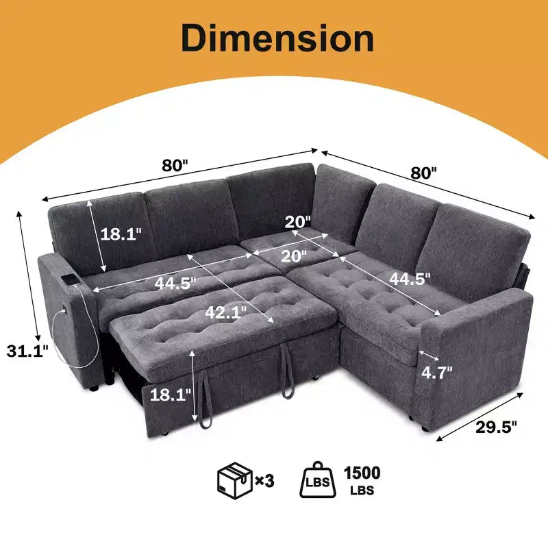 Dyonery Comfy 78'' Sofa Bed,L-Shaped Chenille Sleeper Sofa Couch with Pull Out Bed and Chaise Storage for Living Room,Apartment and Office,Black