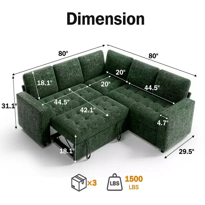 Dyonery Comfy 78'' Sofa Bed,L-Shaped Chenille Sleeper Sofa Couch with Pull Out Bed and Chaise Storage for Living Room,Apartment and Office,Black