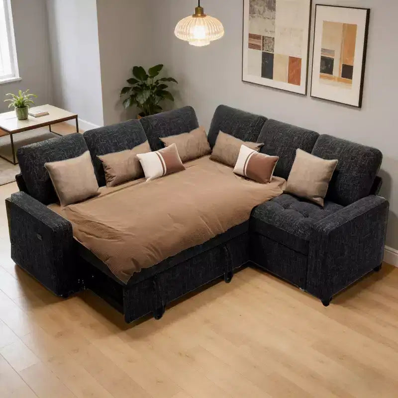 Dyonery Comfy 78'' Sofa Bed,L-Shaped Chenille Sleeper Sofa Couch with Pull Out Bed and Chaise Storage for Living Room,Apartment and Office,Black