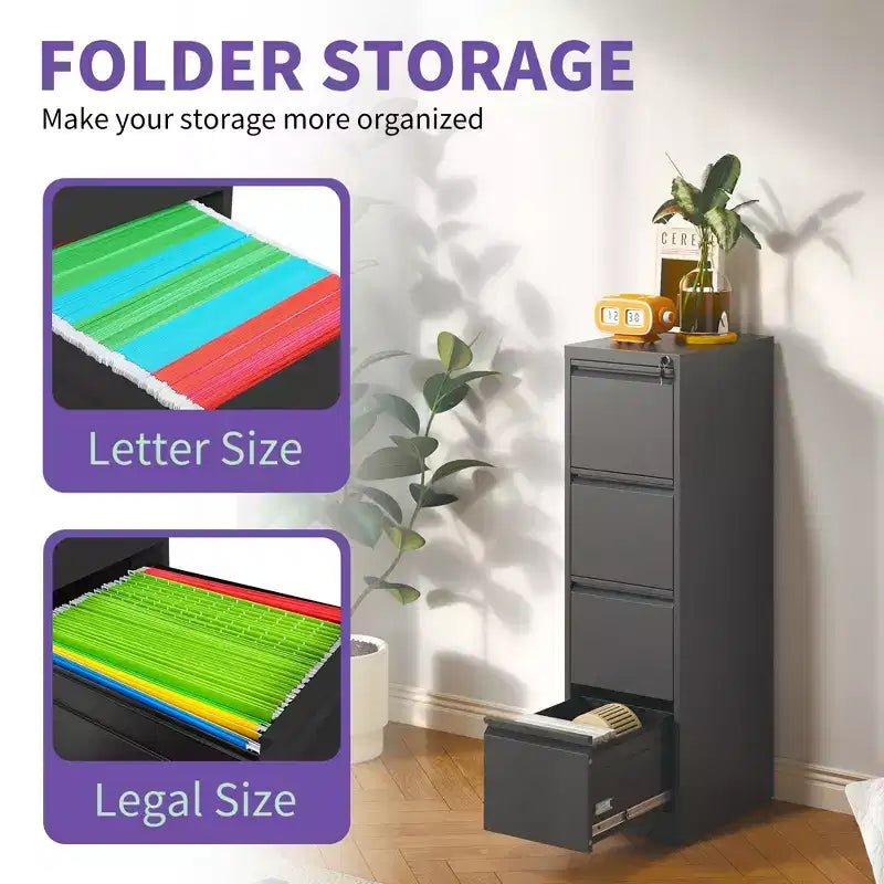 Classeur vertical métallique noir VIYET 52H à 4 tiroirs avec serrure, classeur en acier pour bureau à domicile, compatible avec les formats A4, Legal et Letter