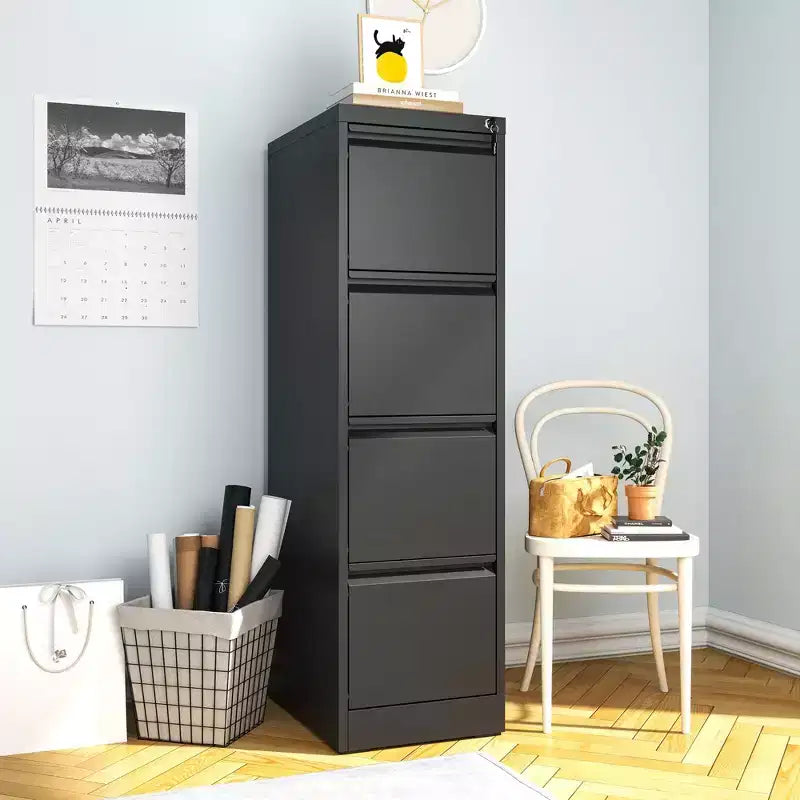 Classeur vertical métallique noir VIYET 52H à 4 tiroirs avec serrure, classeur en acier pour bureau à domicile, compatible avec les formats A4, Legal et Letter