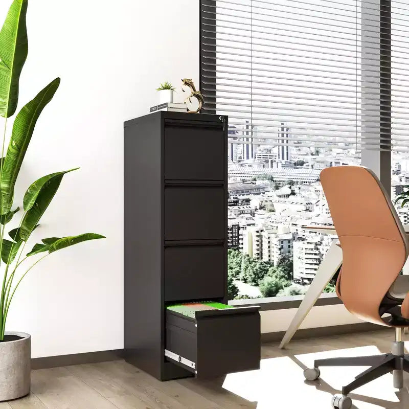 Classeur vertical métallique noir VIYET 52H à 4 tiroirs avec serrure, classeur en acier pour bureau à domicile, compatible avec les formats A4, Legal et Letter