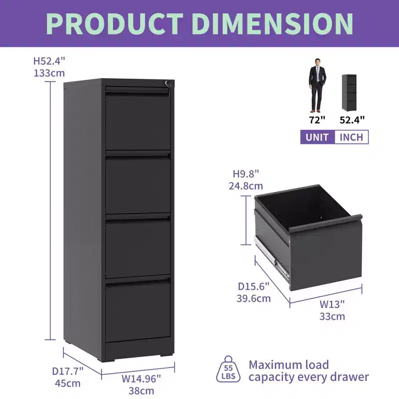 Classeur vertical métallique noir VIYET 52H à 4 tiroirs avec serrure, classeur en acier pour bureau à domicile, compatible avec les formats A4, Legal et Letter