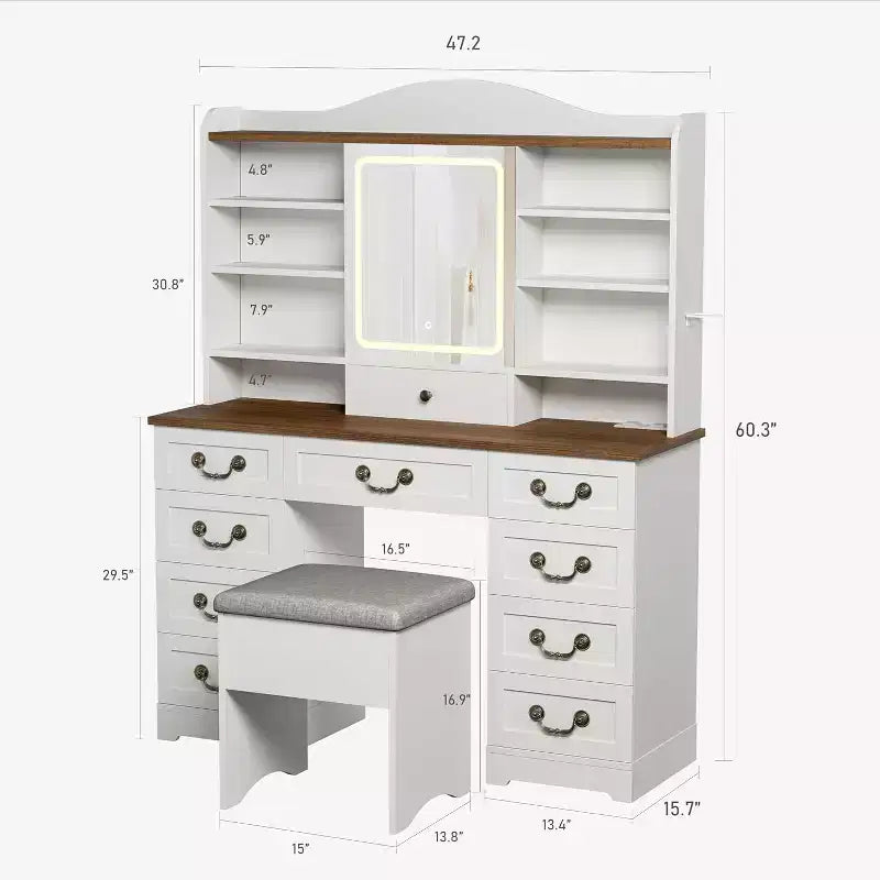 10-Drawer Vanity Desk with Mirror, Walnut Finish with 10 Shelves and Stool, for Bedroom, Easy Assembly