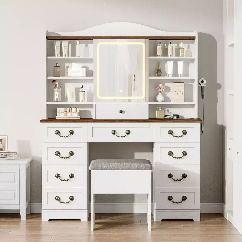 10-Drawer Vanity Desk with Mirror, Walnut Finish with 10 Shelves and Stool, for Bedroom, Easy Assembly