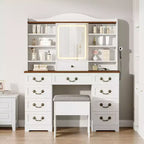 10-Drawer Vanity Desk with Mirror, Walnut Finish with 10 Shelves and Stool, for Bedroom, Easy Assembly