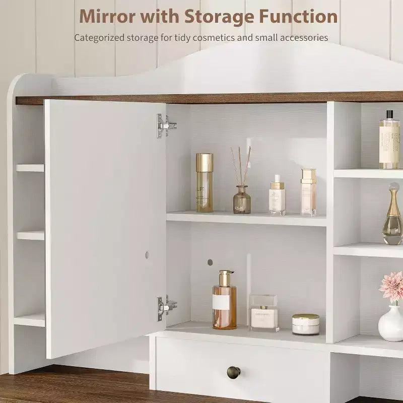 10-Drawer Vanity Desk with Mirror, Walnut Finish with 10 Shelves and Stool, for Bedroom, Easy Assembly